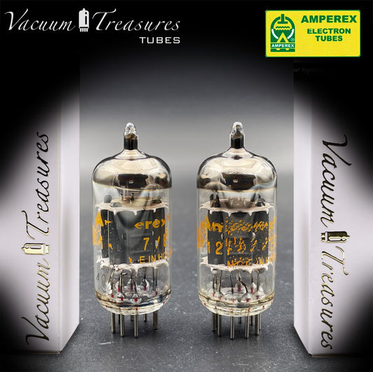12AU7 / ECC82 NOS AMPEREX Matched Pair - Orange Globe Heerlen 1960 - Short Gray Plates - Balanced - Amplitrex Tested