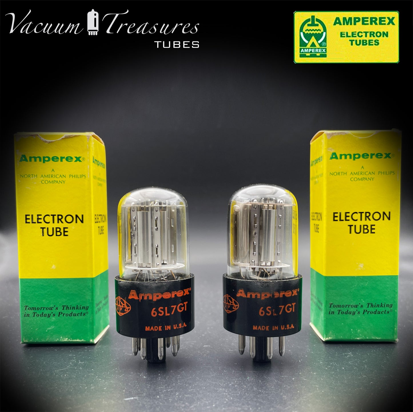 6SL7GT AMPEREX GLOBE Matched Pair Silver Plates Side Halo Getter Tubes USA 60s