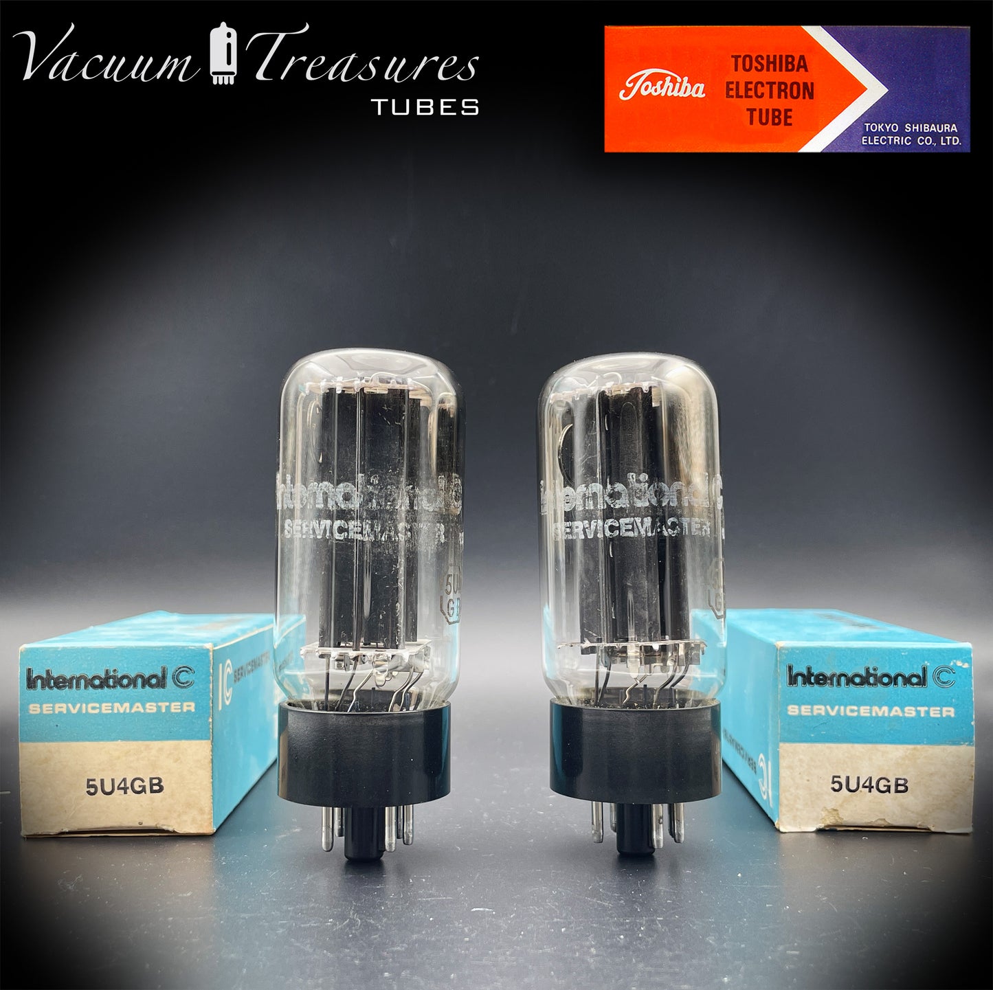 5U4GB 5AS4A NOS NIB TOSHIBA/International Black Plates Matched Pair Tubes Top Side Dual Disc Getter Rectifiers Made in JAPAN