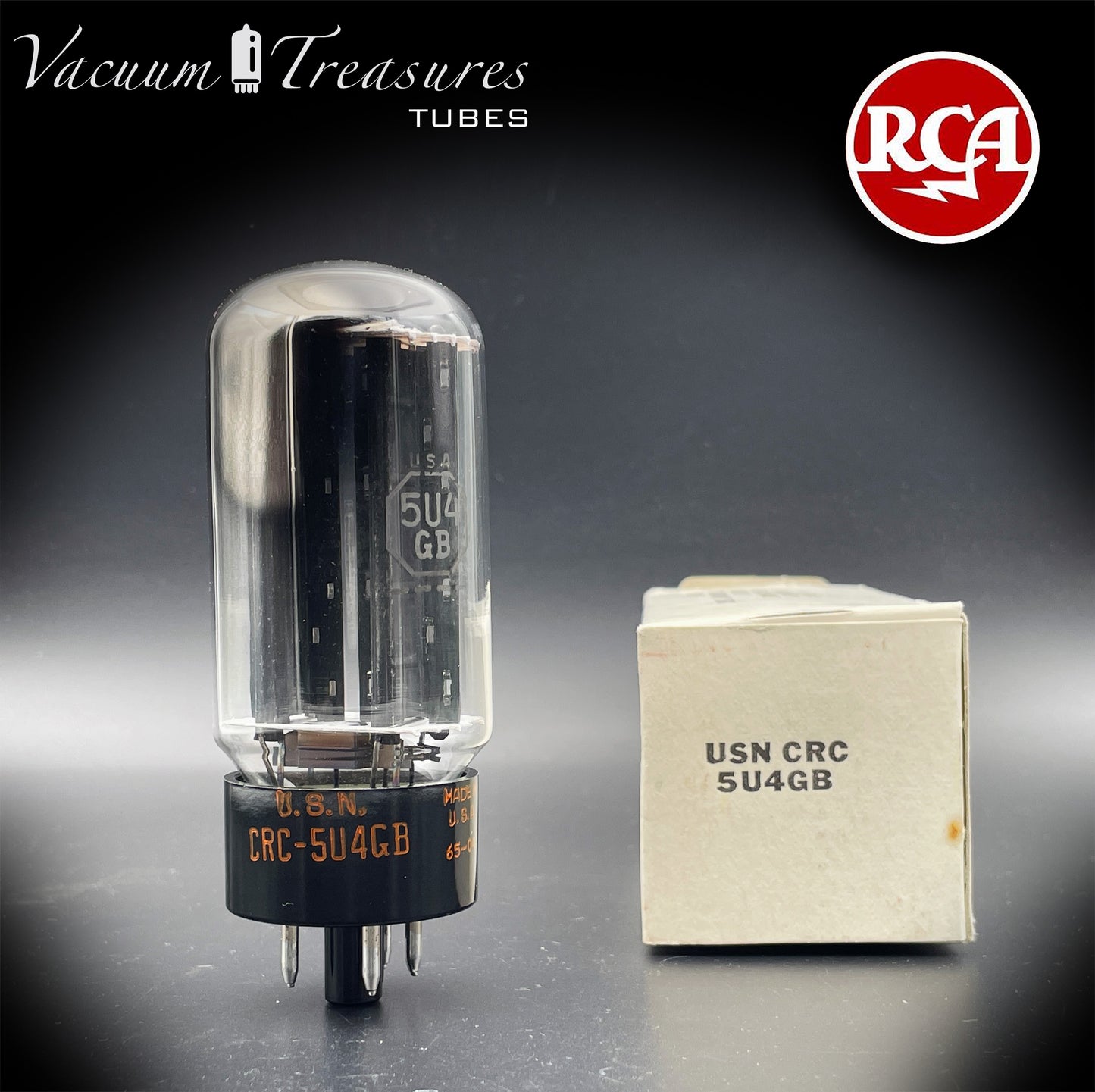 USN CRC 5U4GB RCA NOS NIB Black Plates Top Side Halo Getter Tested Tube Rectifier USA