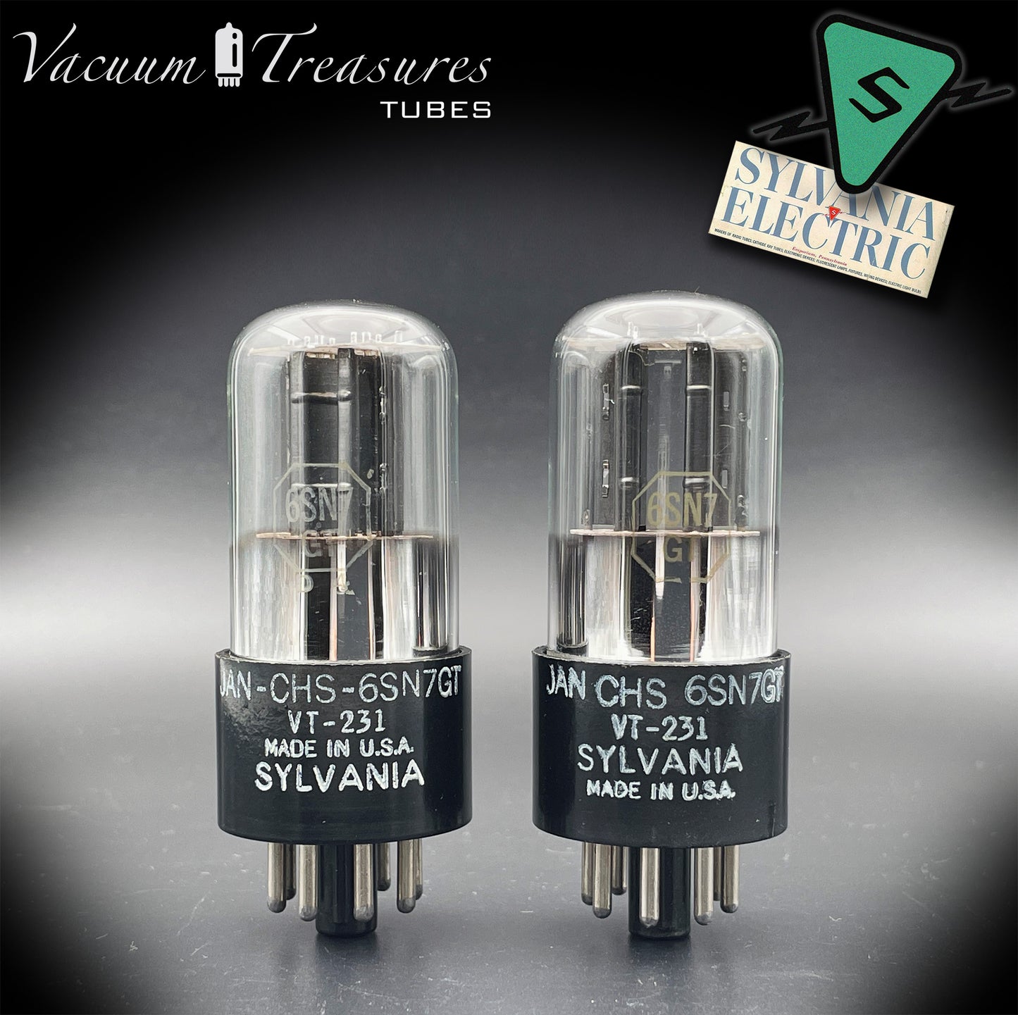 JAN CHS 6SN7 GT ( VT-231 ) SYLVANIA NOS TOUGH DOG Black Plates Foil Getter Tested Pair Tubes Made in USA '40s