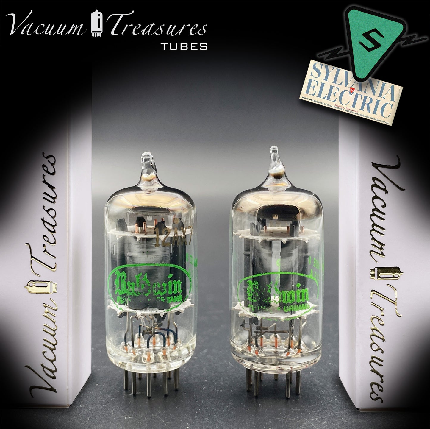12AX7 ECC83 Baldwin by SYLVANIA – Tested Pair – Long Gray Plates Halo Getter Made in USA