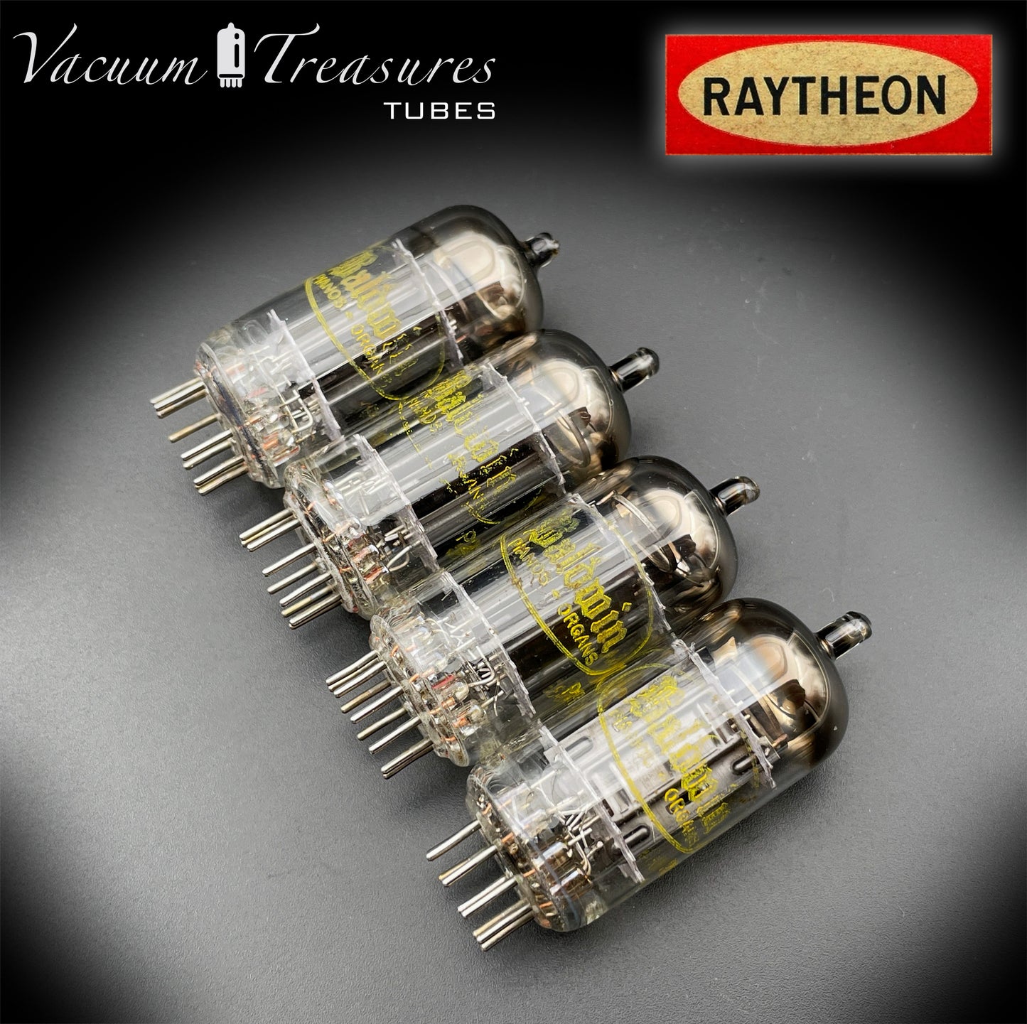 12AU7 ( ECC82 ) NOS RAYTHEON for Baldwin Long Black Plates Halo Getter Matched Tubes Made in USA '59