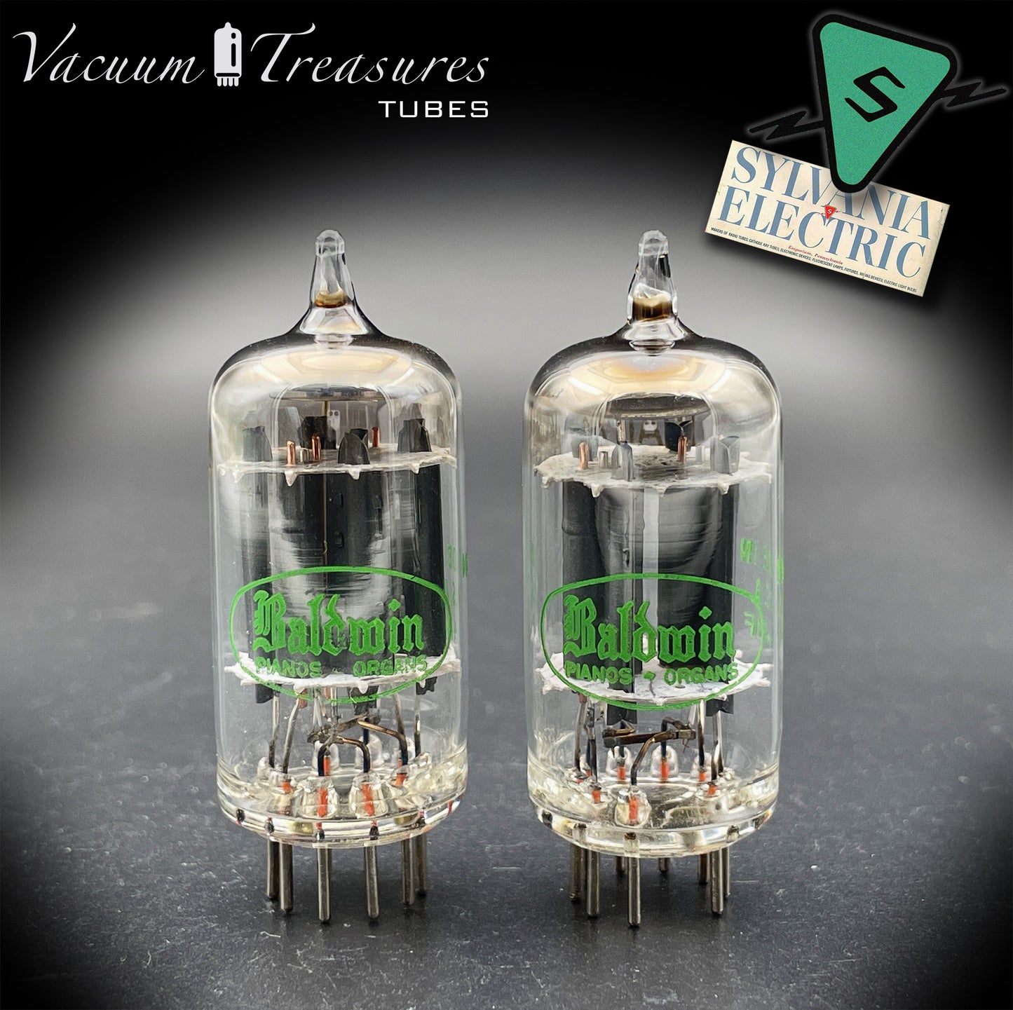 12AU7A / ECC82 NOS Baldwin by SYLVANIA Long Gray Plates Halo Getter Matched Pair Tubes Made in USA '60s