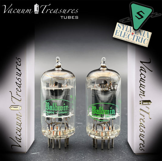 12AX7 ECC83 NOS Baldwin by SYLVANIA – Matched Pair – Long Gray Plates Halo Getter USA 1951