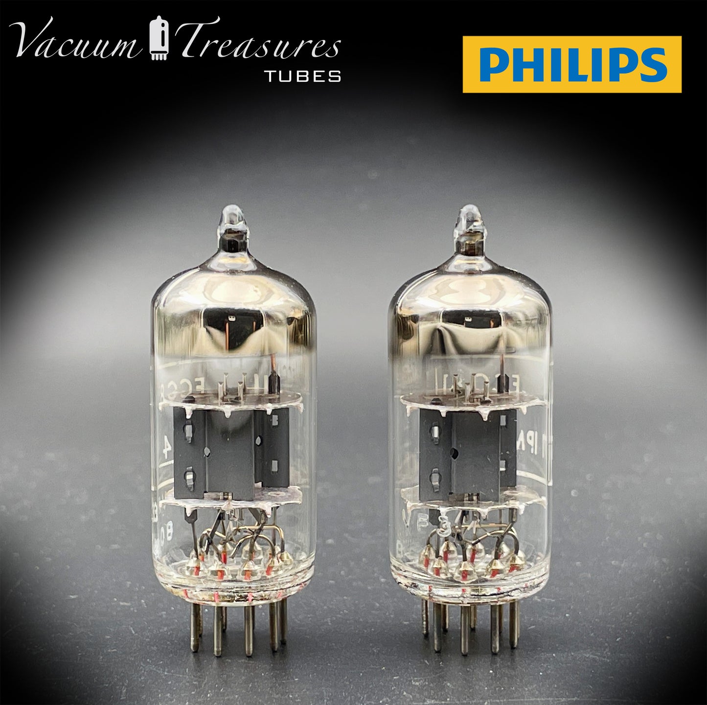 12AT7 ( ECC81 ) NOS NIB PHILIPS by Mullard, Blackburn Plant, Wing Gray Plates Halo Getter Matched Pair Tubes MADE IN GT. BRITAIN