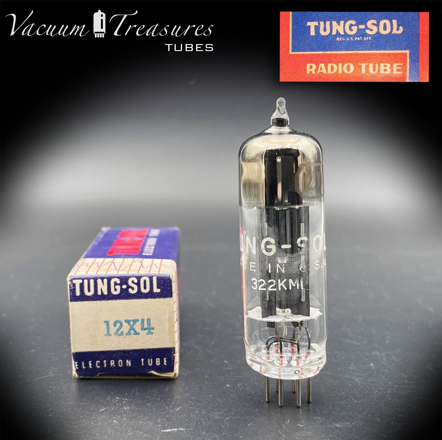 12X4 TUNG-SOL NOS NIB Black Plates Square Getter Tube Rectifier Made in USA '50s