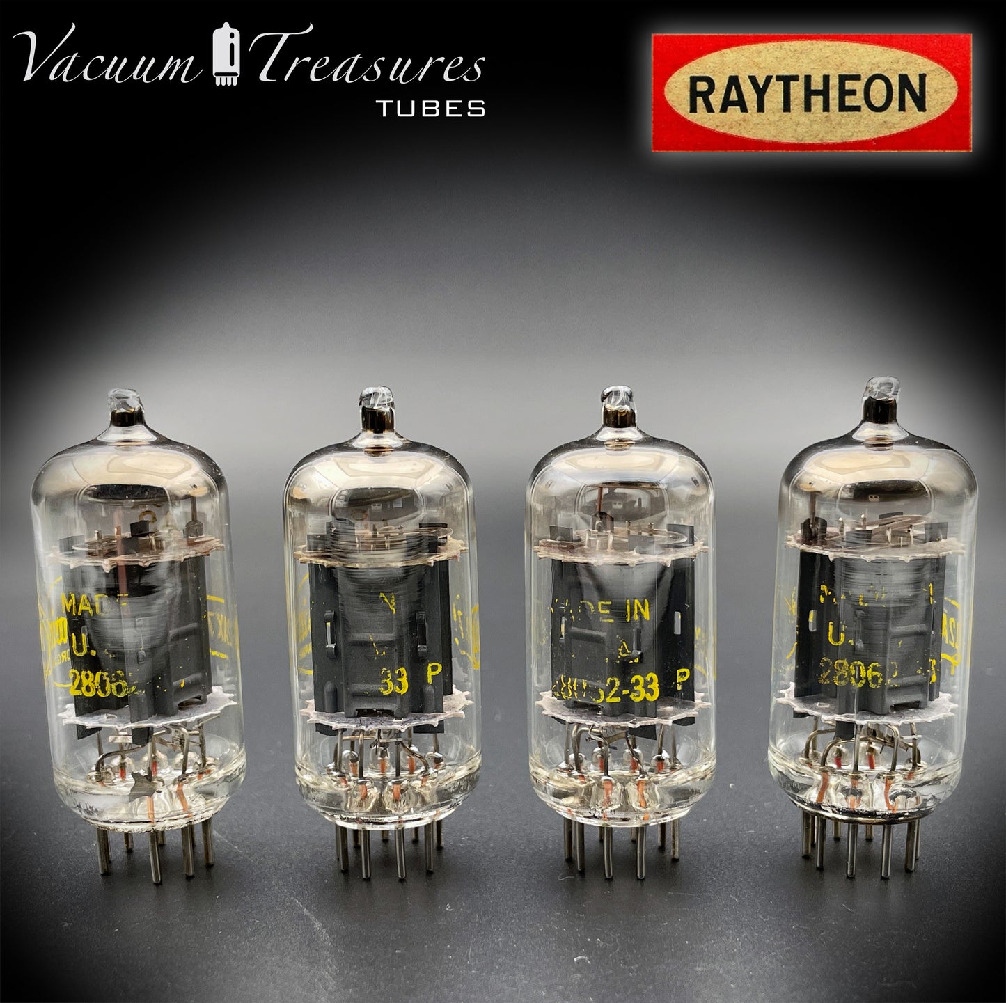 12AX7 ( ECC83 ) RAYTHEON Longues plaques grises étiquetées Baldwin Organ O Getter Tubes assortis fabriqués aux États-Unis '62