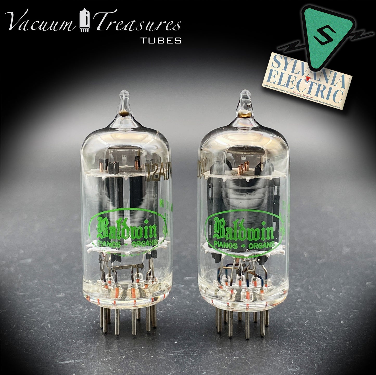 12AU7A / ECC82 NOS Baldwin by SYLVANIA Long Gray Plates Halo Getter Matched Pair Tubes Made in USA '60s