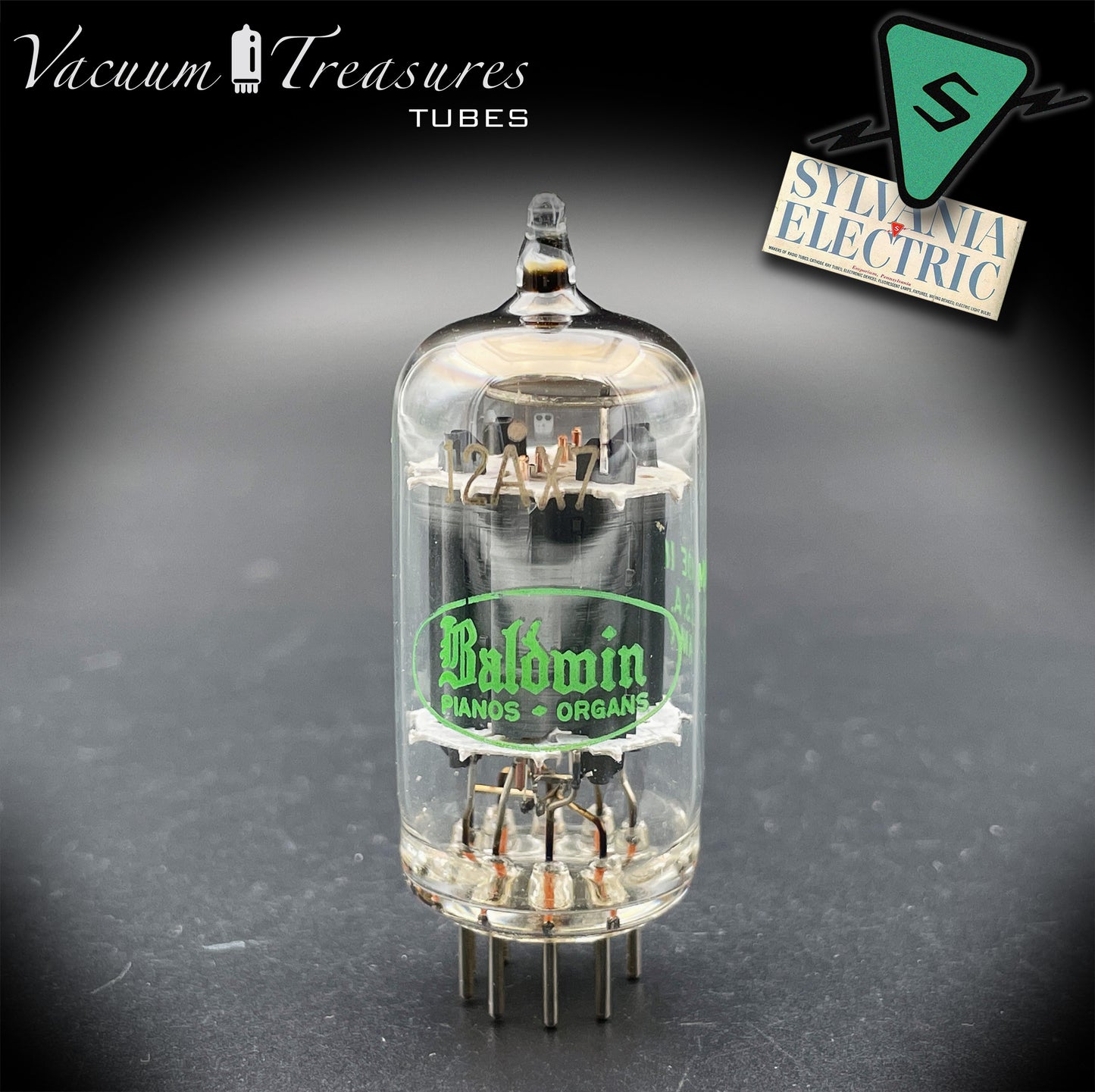 12AX7 / ECC83 NOS Baldwin by SYLVANIA Long Gray Plates Halo Getter Tested Tube Made in USA '61