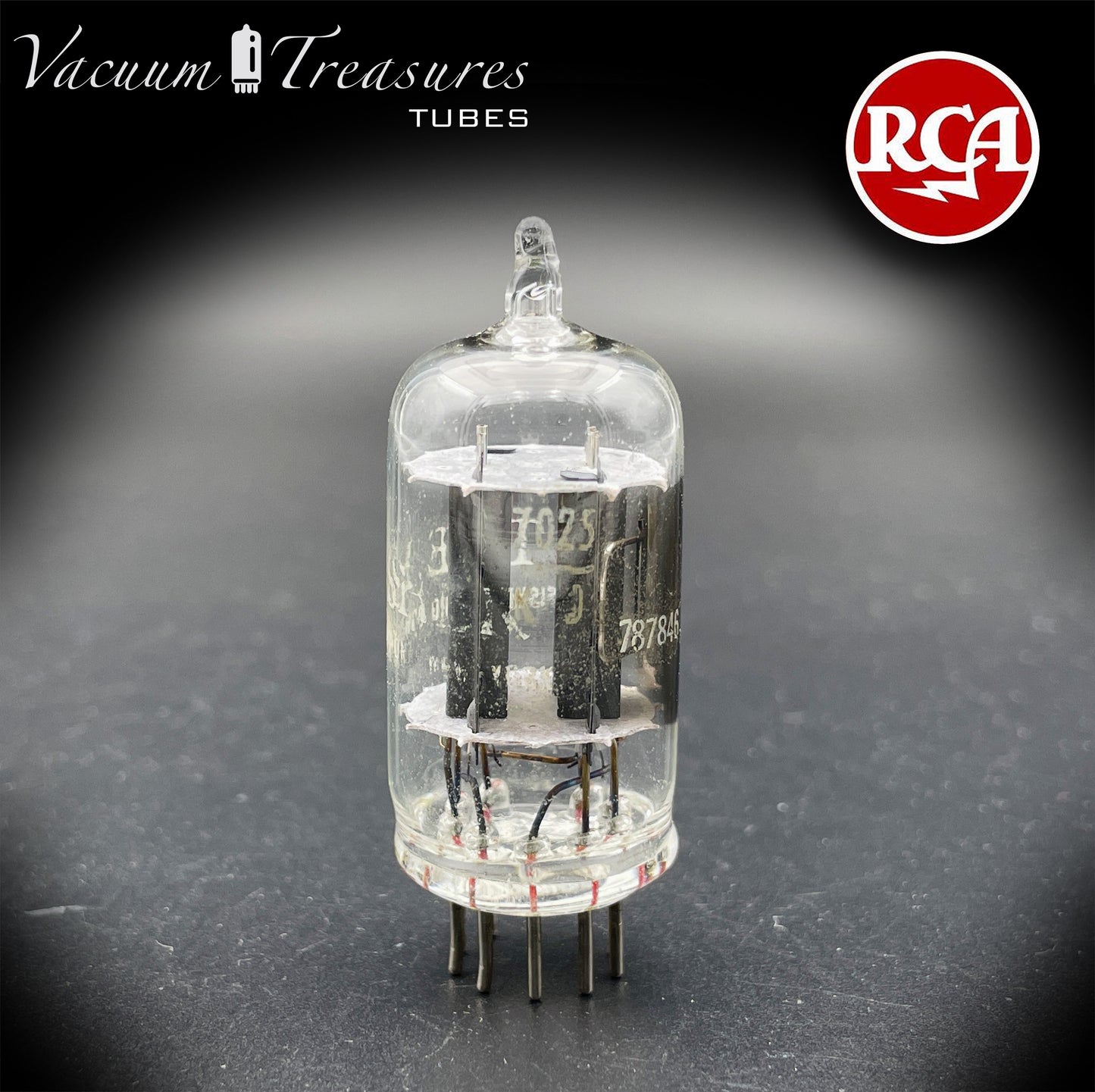 7025 12AX7 RCA Clear Top Long Gray Plates Side D Getter Tested Tube Made in USA '60s