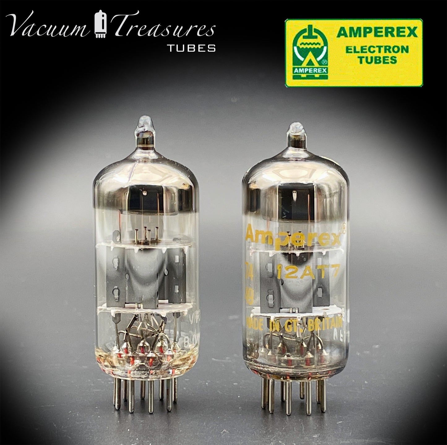 12AT7 ( ECC81 ) NOS NIB AMPEREX by Mullard, Blackburn Plant, Wing Gray Plates Halo Getter Matched Pair Tubes MADE IN GT. BRITAIN