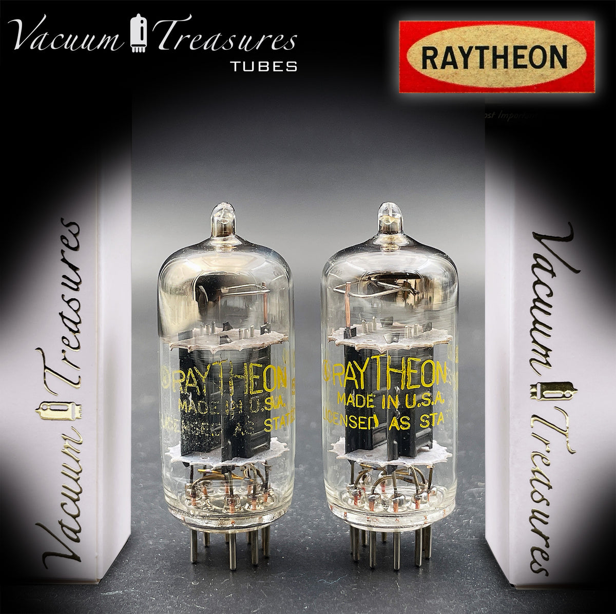 12AU7 / ECC82 RAYTHEON Matched Pair Long Black Plate Square Getter Tested Tubes USA '57