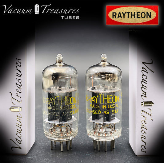 12AU7 / ECC82 RAYTHEON Matched Pair Long Black Plate Square Getter Tested Tubes USA '57