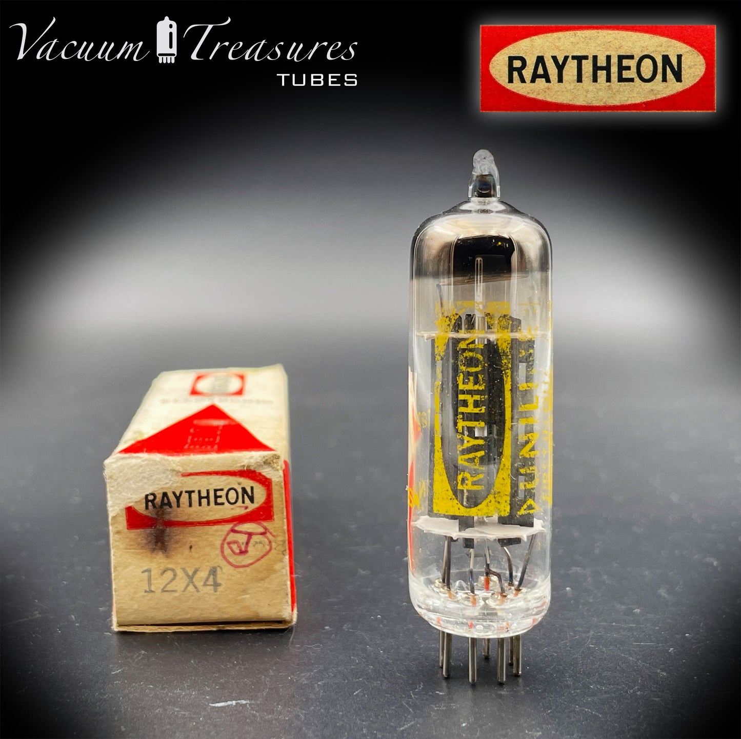 12X4 RAYTHEON NOS NIB Black Plates Halo Getter Tube Rectifier Made in USA '60s