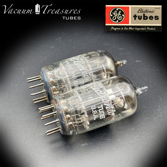 12AY7 GE Matched Pair Gray Ribbed Plates Halo Getter Tube Made In USA '60
