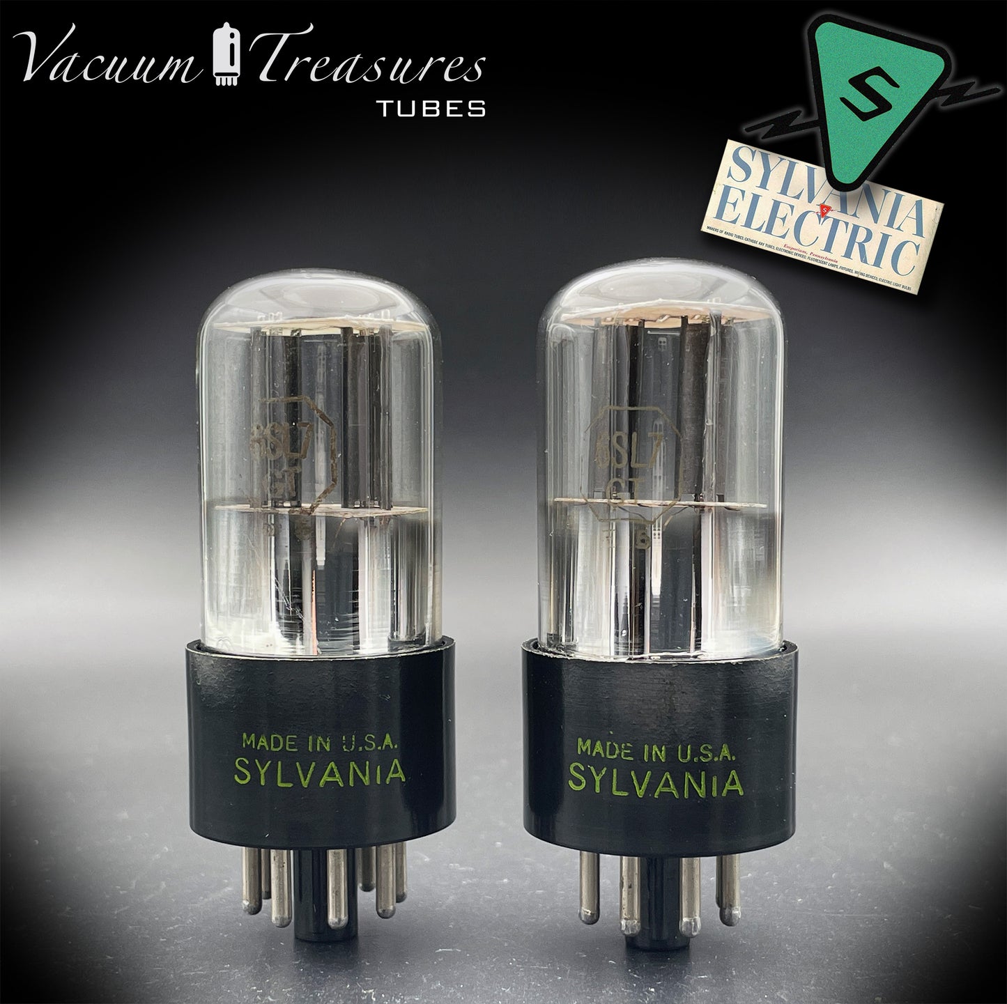 6SL7GT (VT-229) SYLVANIA NOS Black Round Plates Foil Getter AMPLITREX Matched Pair Made in USA '50s.