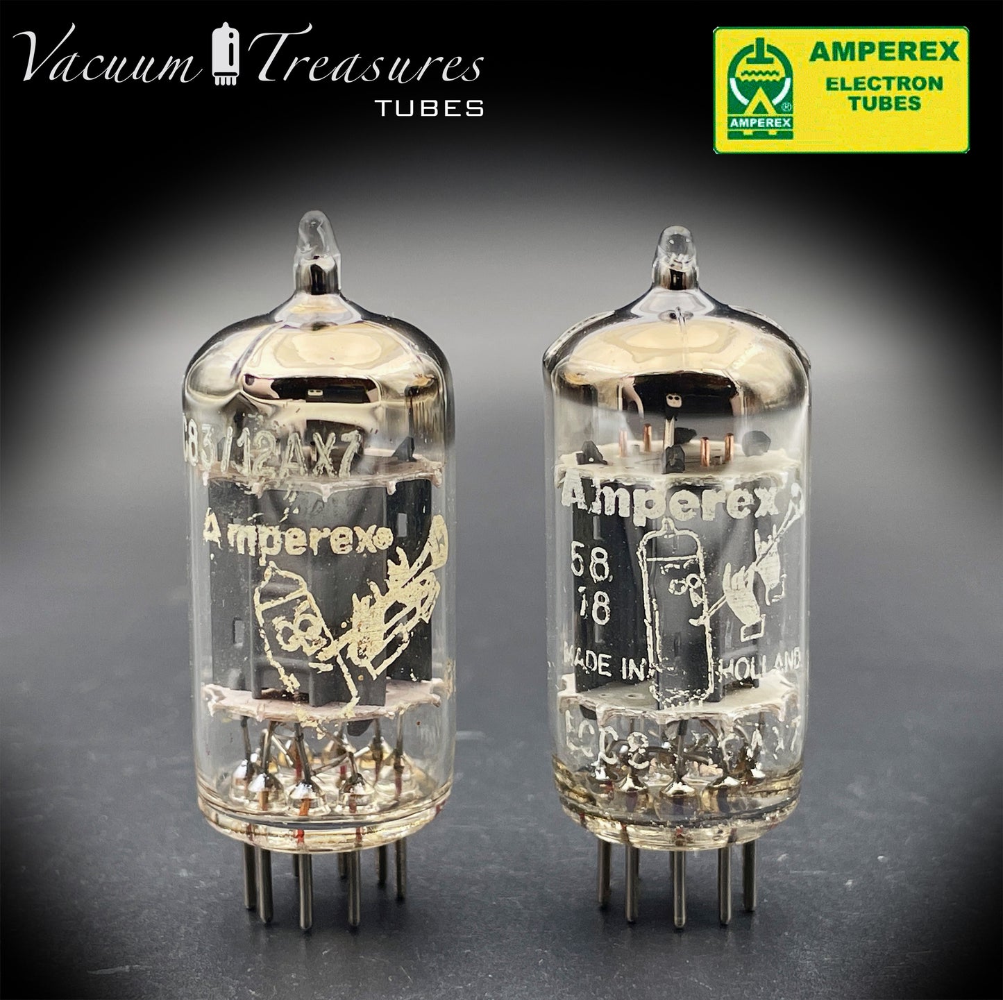 12AX7 / ECC83 NOS Amperex Bugle Boy Matched Pair AMPLITREX Tested Long Plates Foil Getter '50s