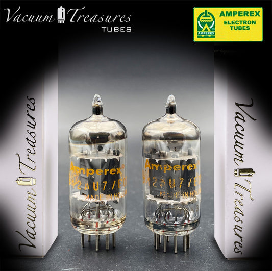 12AU7 / ECC82 NOS AMPEREX Matched Pair - Orange Globe Heerlen 1960 - Short Gray Plates - Balanced - Amplitrex Tested - Same Data Codes