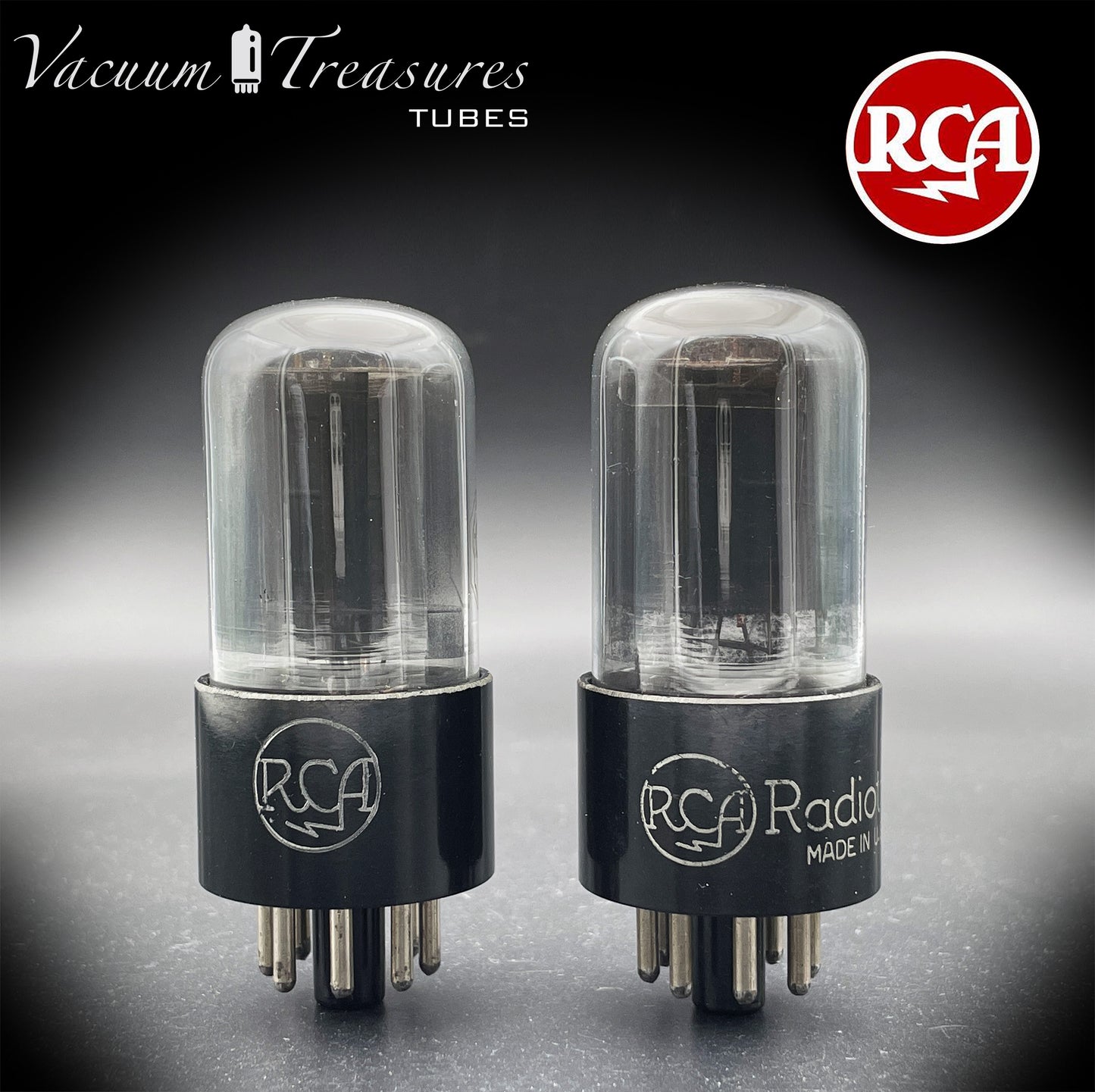 6SN7 GT RCA Radiotron Smoked Glass Matched Pair Silver Logo Black Plates D Getter AMPLITREX Tested Low Noise Tubes