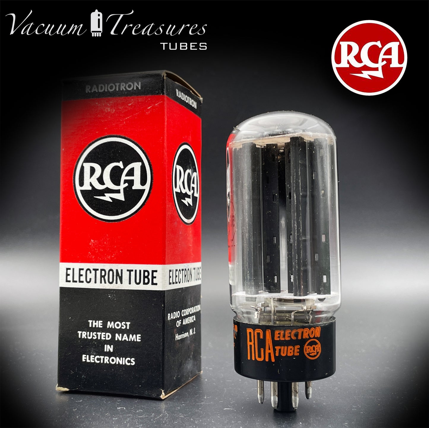5V3A 5AU4 RCA NOS NIB Black Plates Round Getter Rectifier Tube - Amplitrex Tested - Made in USA