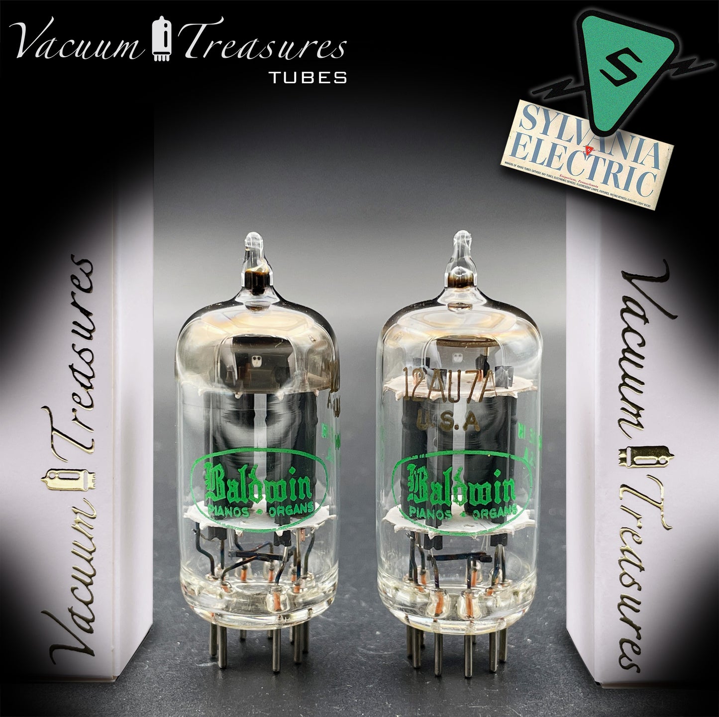 12AU7A / ECC82 NOS Baldwin by Sylvania Matched Pair Long Gray Plates Halo Getter Tubes USA '63