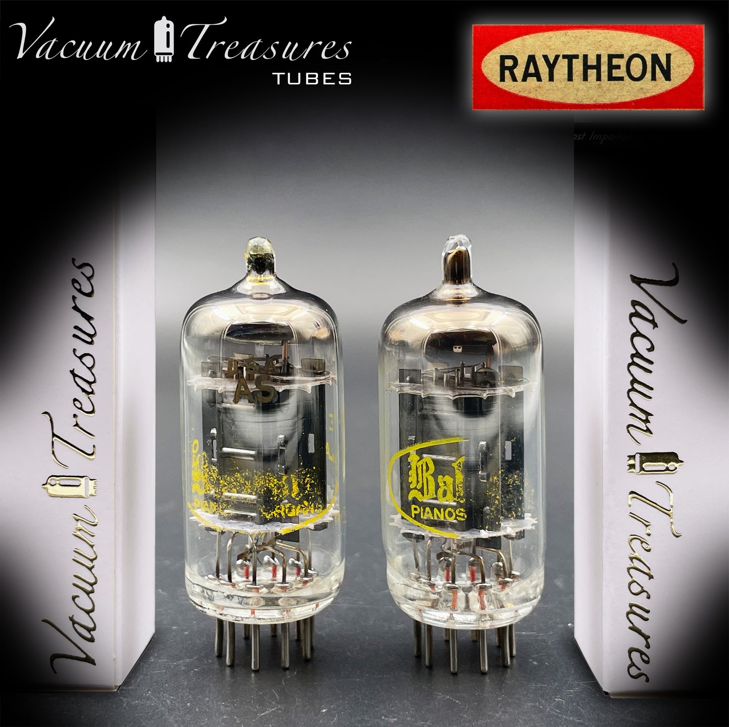12AX7A ECC83 Baldwin Raytheon Matched Pair Tubes – Long Black Plates Halo Getter USA 1960s