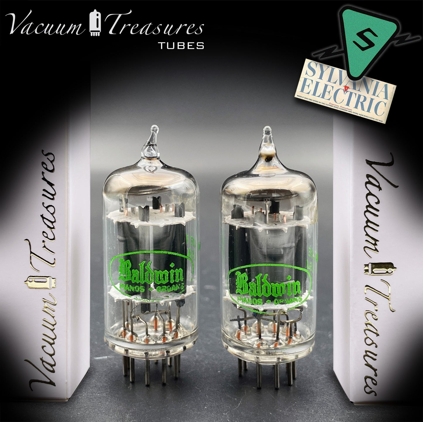 12AX7 ECC83 Baldwin by SYLVANIA – Matched Pair – Long Gray Plates Halo Getter USA 1959