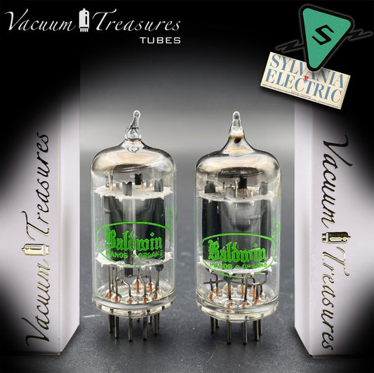 12AX7 ECC83 Baldwin by SYLVANIA – Matched Pair – Long Gray Plates Halo Getter USA 1959