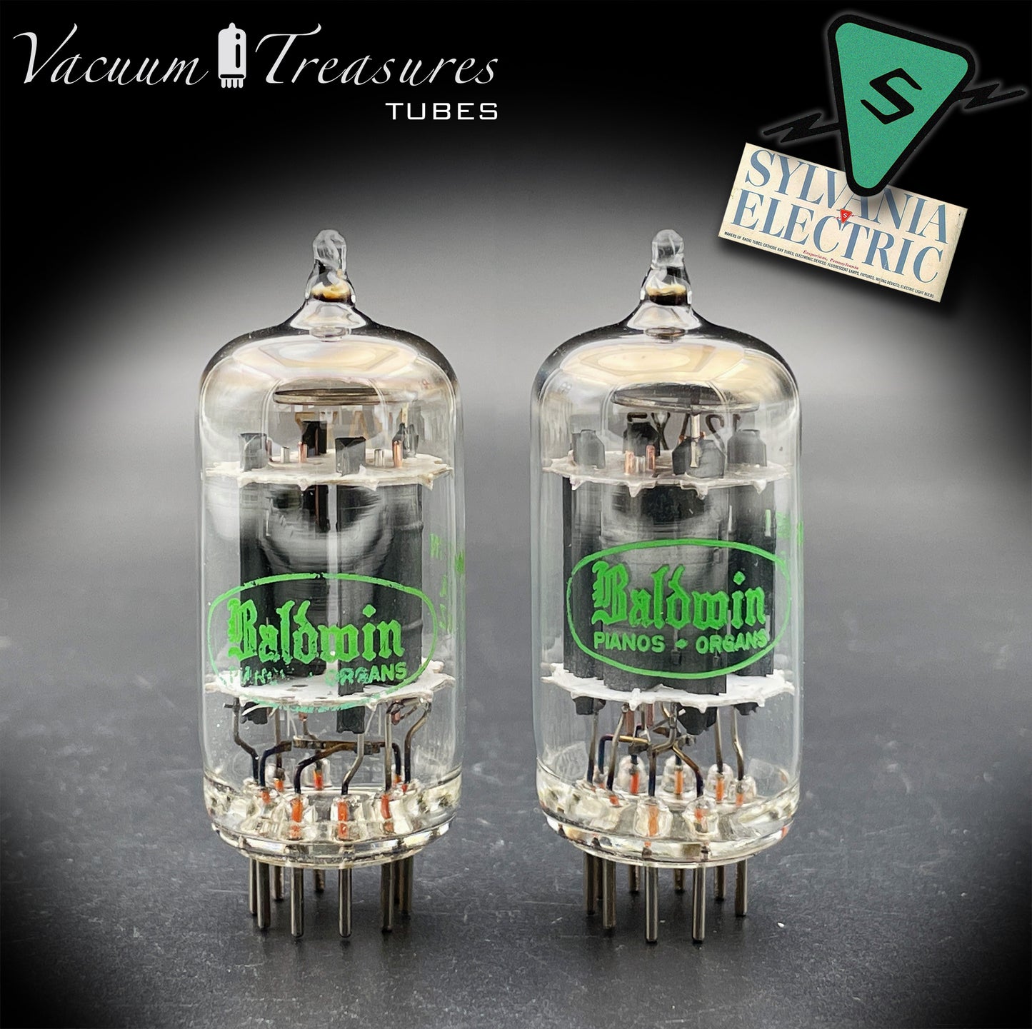 12AX7 / ECC83 Baldwin by Sylvania Matched Pair Long Gray Plates Halo Getter Made in USA