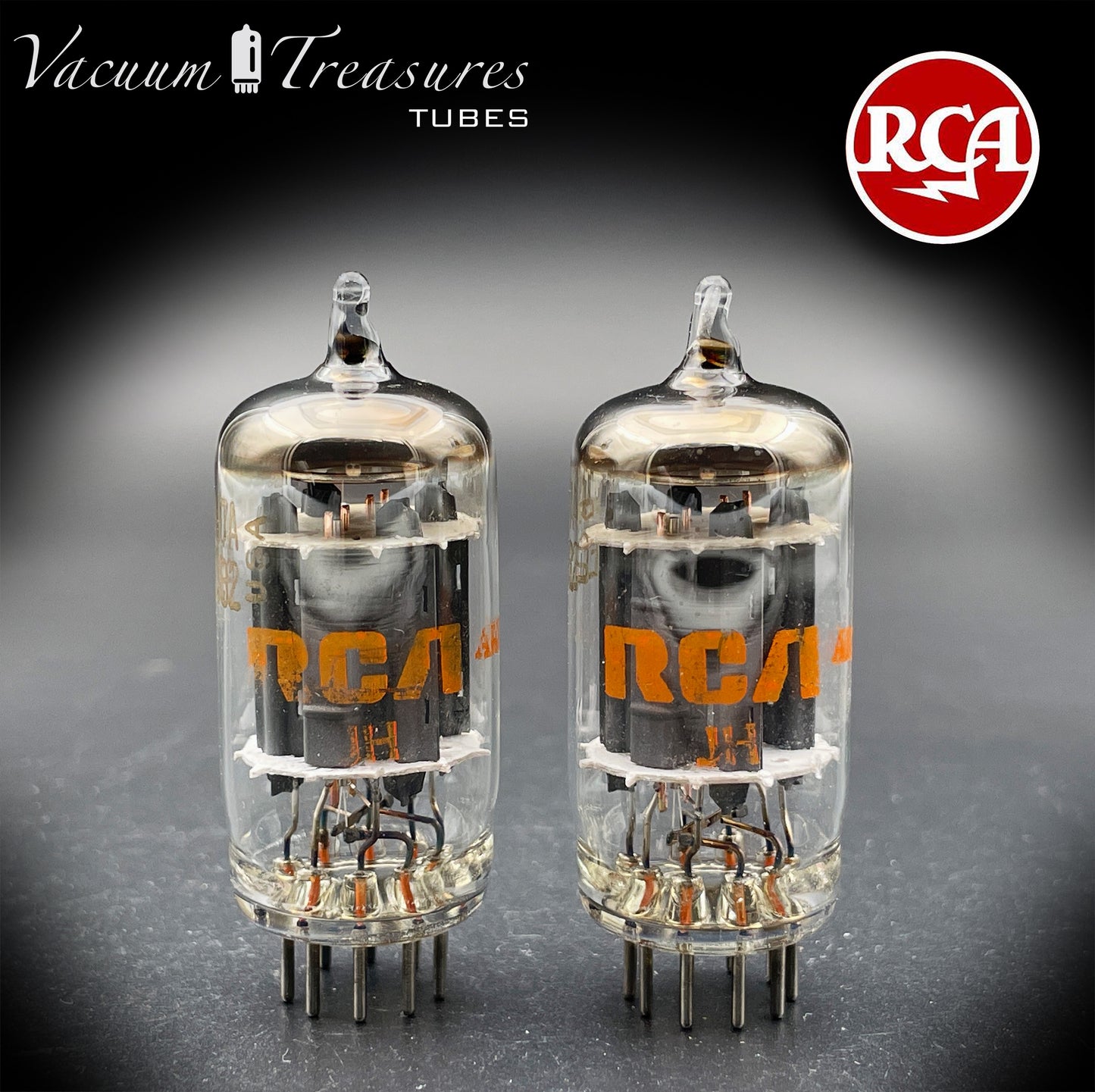 12AU7A / ECC82 NOS RCA Matched Pair Tubes - Long Gray Plates Halo Getter USA