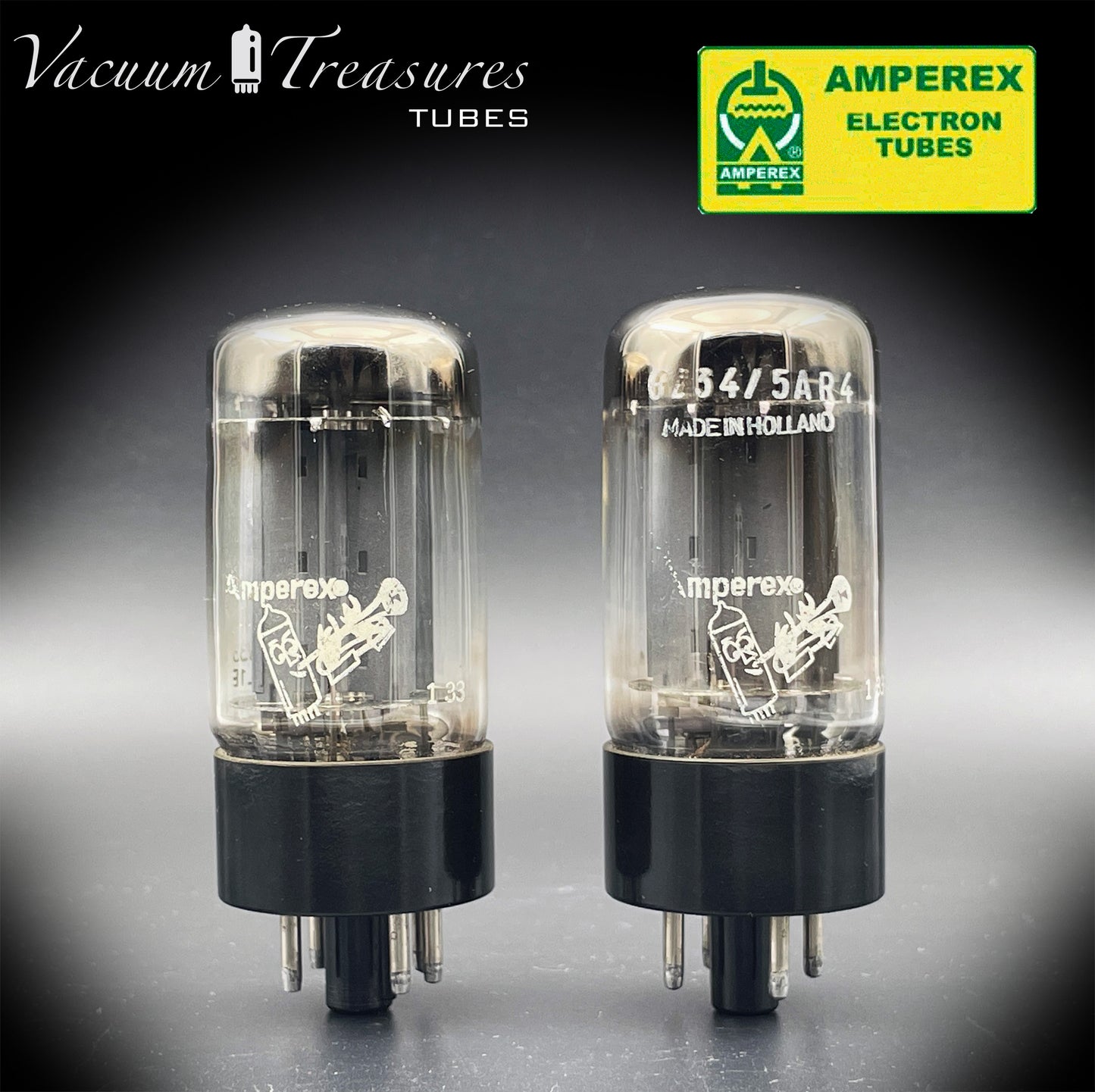 5AR4 ( GZ34 ) NOS AMPEREX Bugle Boy, Holland f33, smooth, Same codes, Matched Pair Tubes Rectifiers Made in HOLLAND