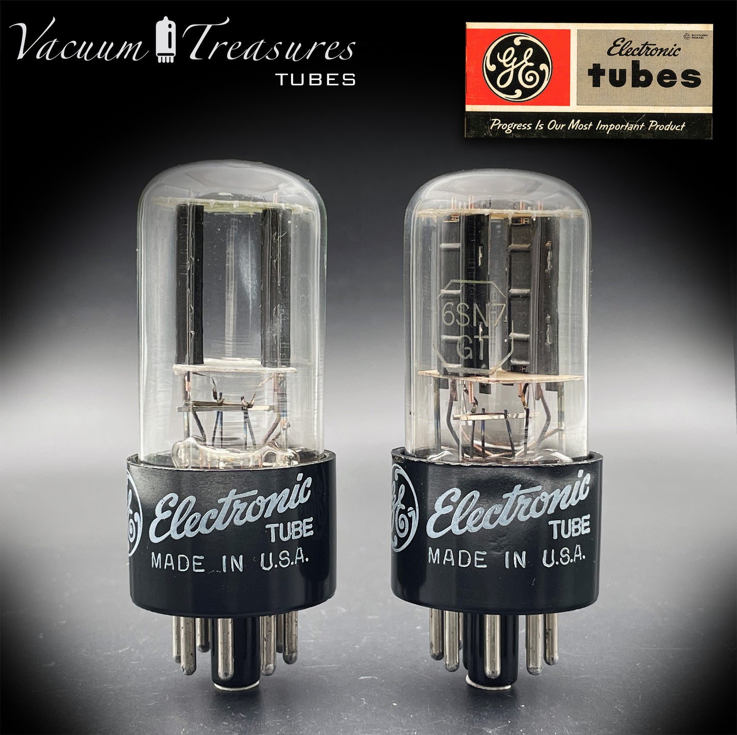 6SN7GT GE Black Plates Square Getter – Tested Pair – STRONG Issue – Made in USA '50s