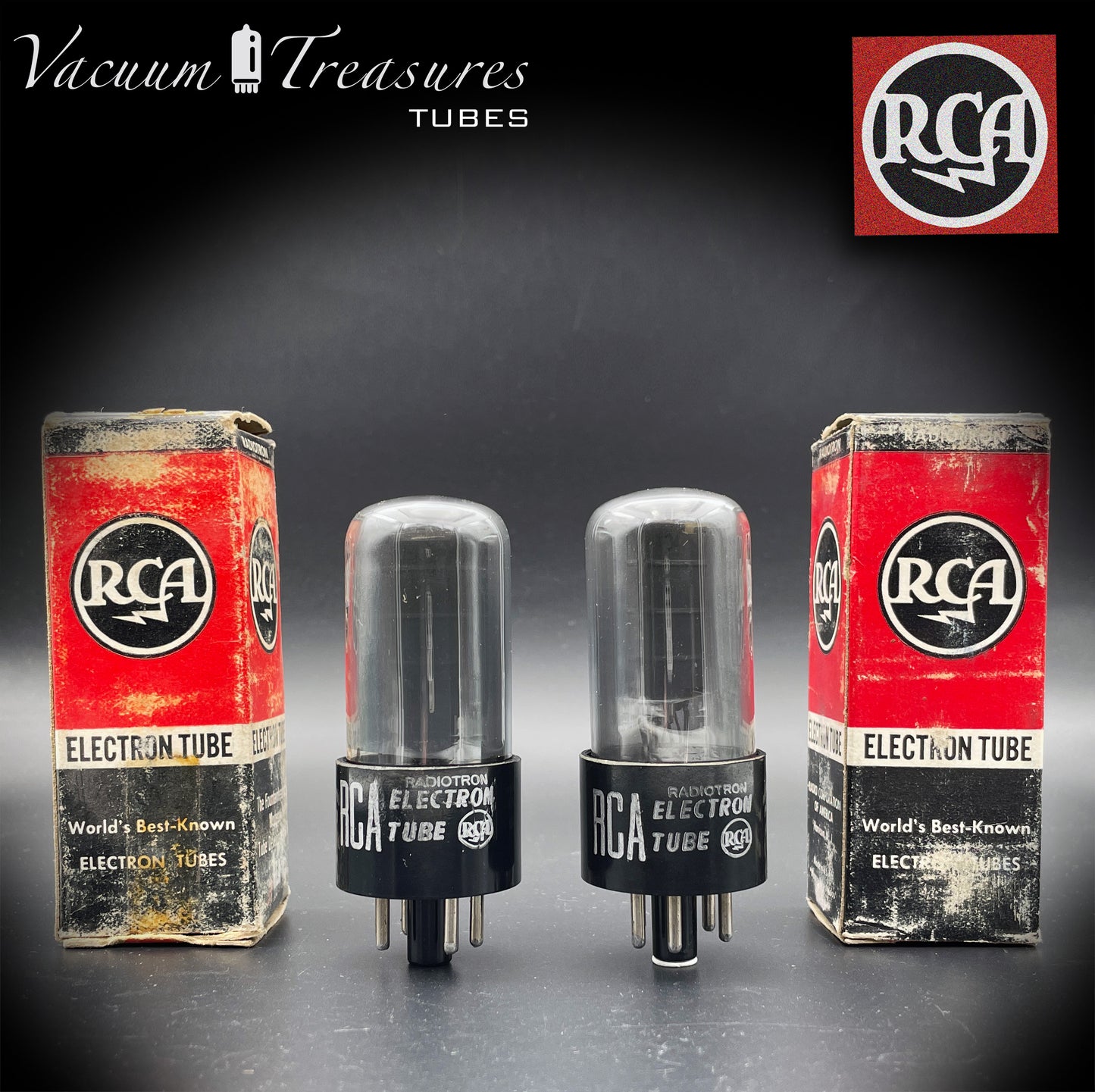 6V6 GT RCA NOS NIB Black Plates Grafite Glass Double Square Getter Matched Tubes Made in USA '54