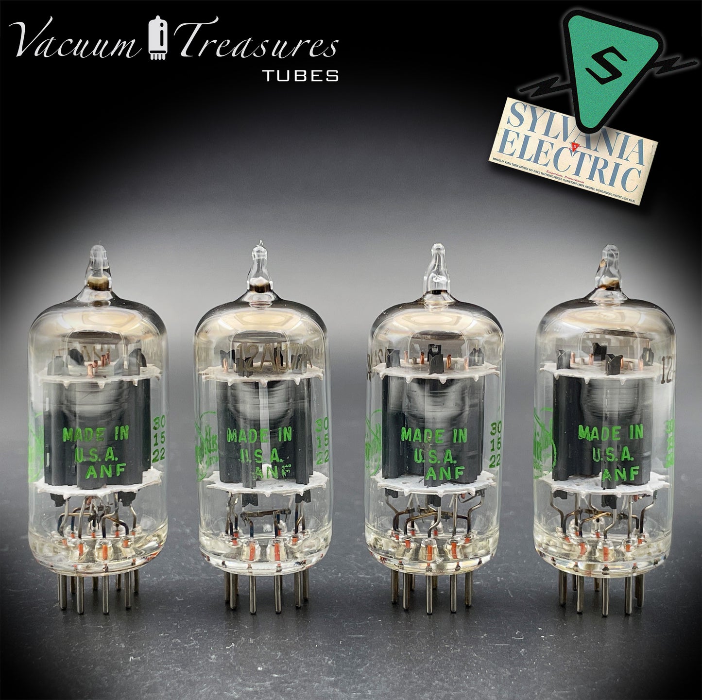 12AU7A / ECC82 NOS Baldwin by SYLVANIA Long Gray Plates Halo Getter Matched Quad Tubes Made in USA '60s