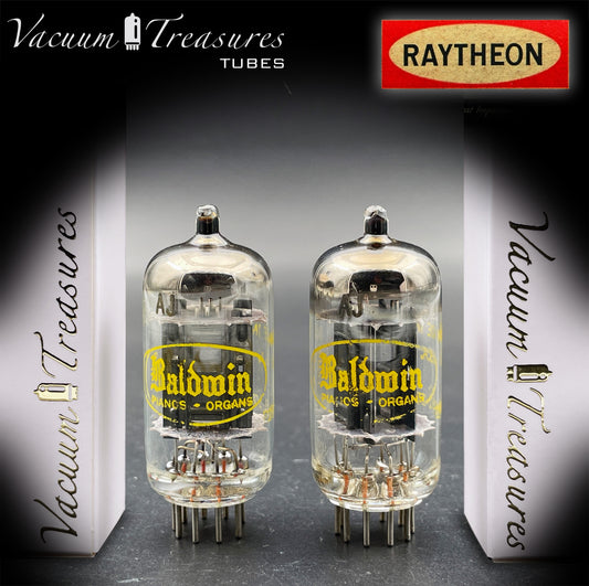 12AU7A / ECC82 NOS Baldwin by RAYTHEON Matched Pair Tubes Long Black Plates Halo Getter Made in USA '61