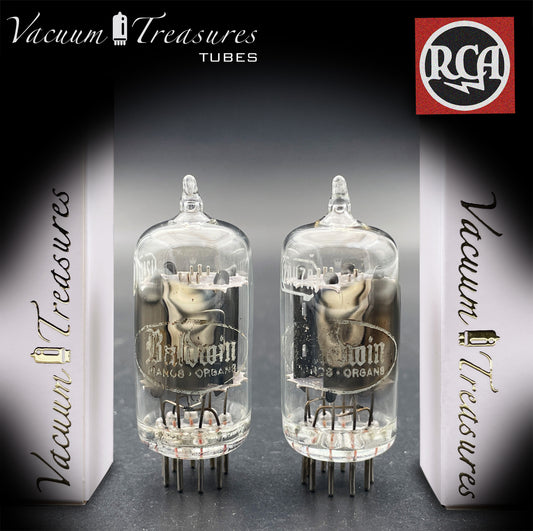12AU7 / ECC82 Baldwin by RCA AMPLITREX Matched Pair Clear Top Long Gray Plates Side D Getter Tubes