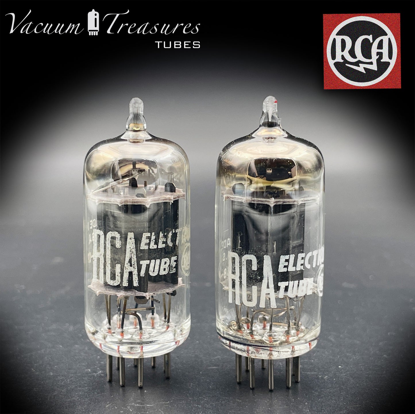 12AX7 / ECC83 RCA Matched Pair Long Black Plates Square Tilt getter Made in USA '58