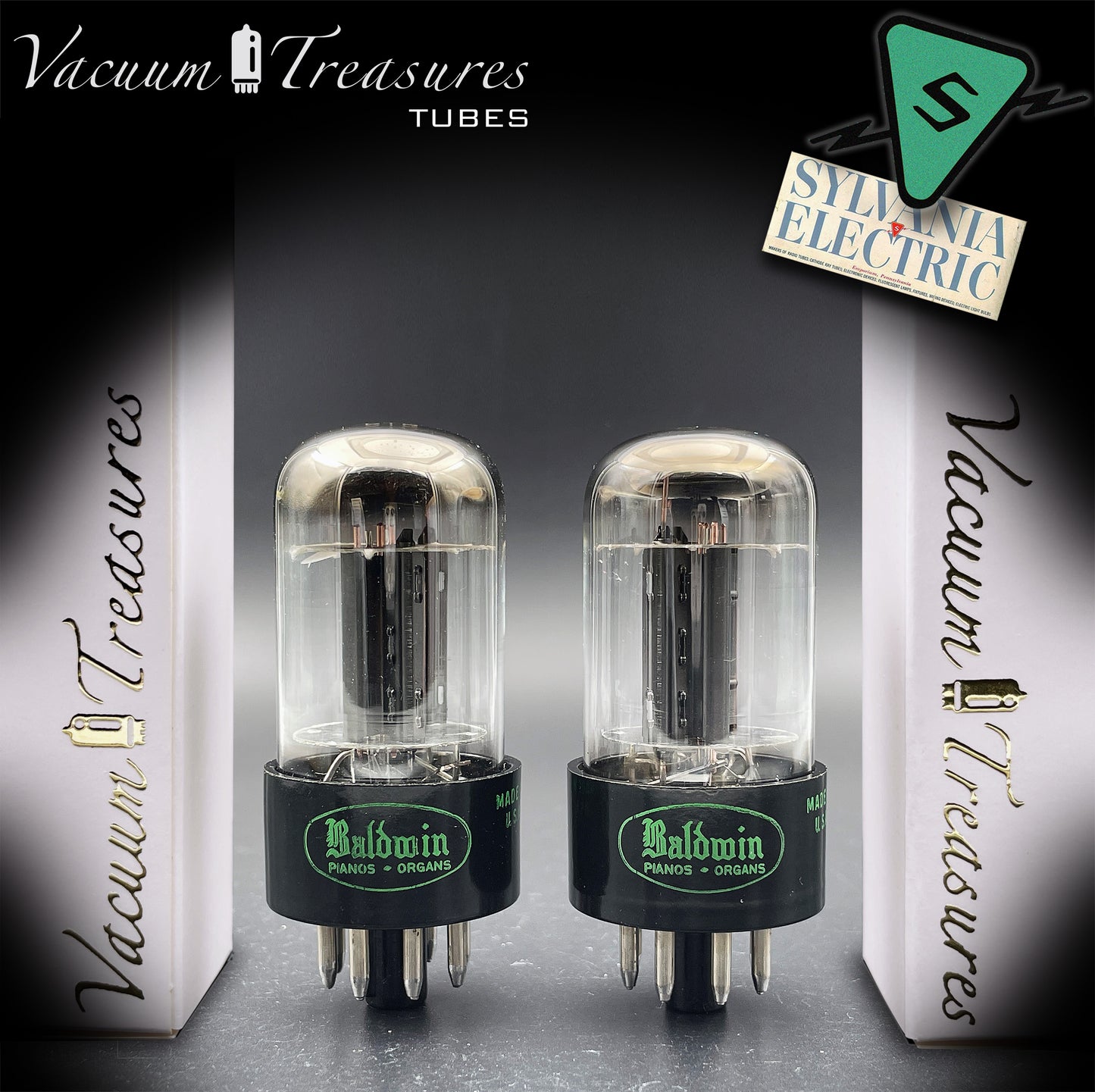6SN7GTB Baldwin by SYLVANIA Matched Pair Black Plates Tubes - Same Codes - Made in USA '61