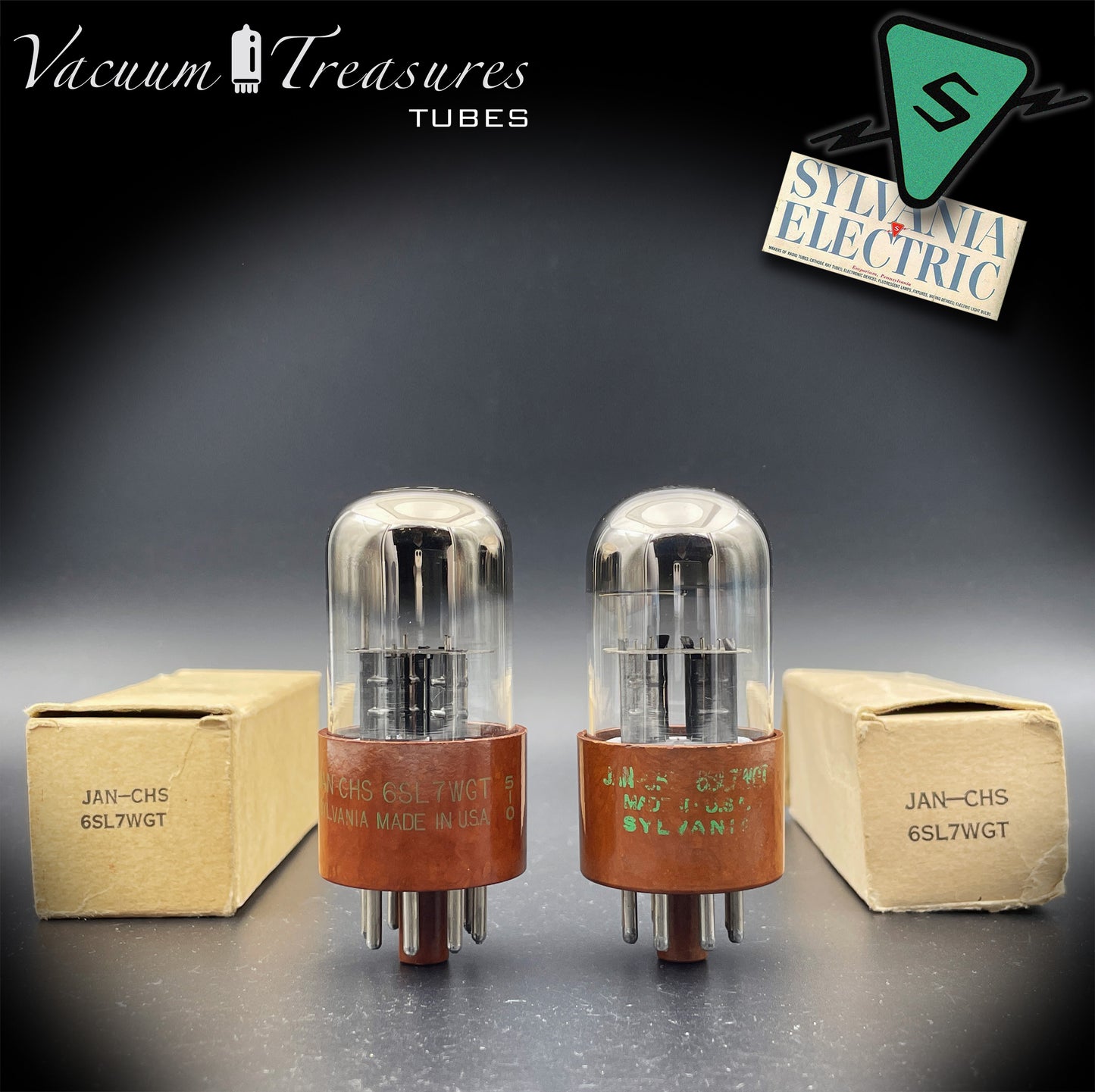 JAN-CHS 6SL7WGT NOS NIB SYLVANIA Brown Base Square Getter AMPLITREX Tested Pair Made in USA '50s