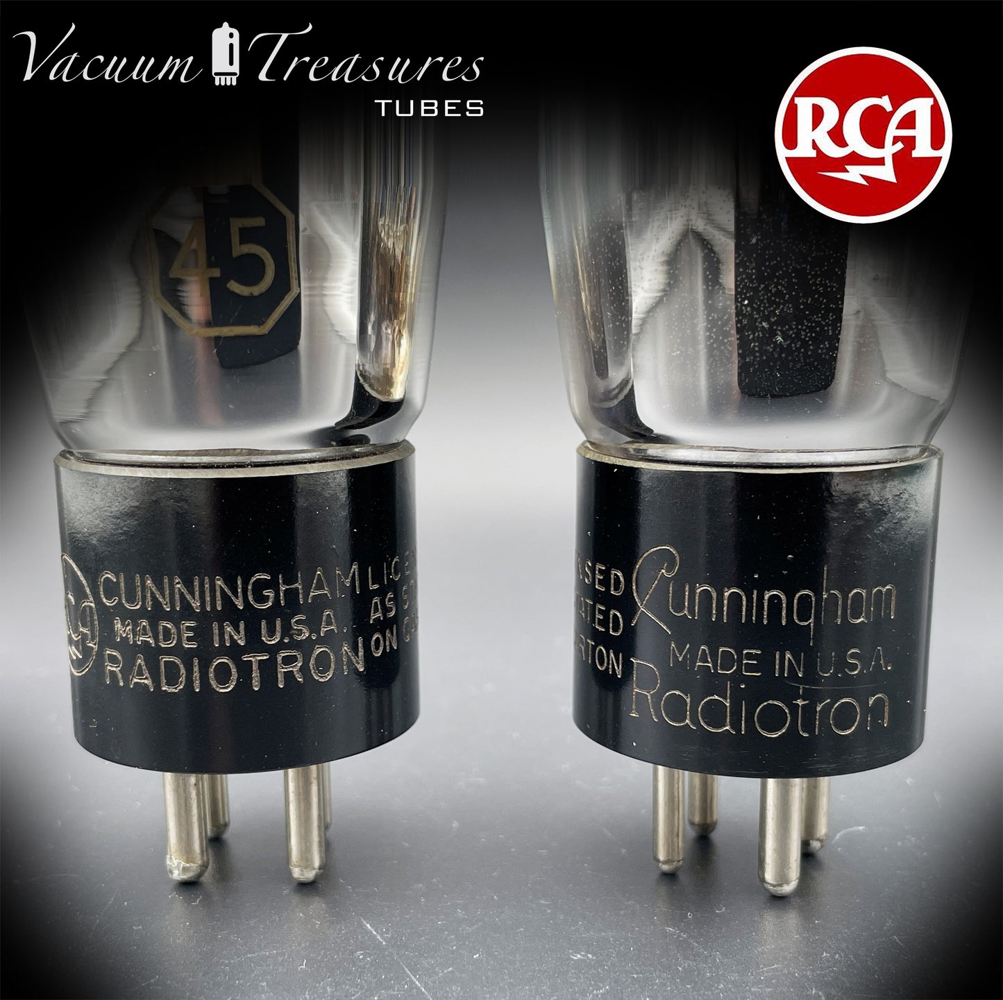 45 ST RCA Cunningham Matched Pair Black Plates Foil Dimpled Getter Radiotron Tubes Made in USA 1930's