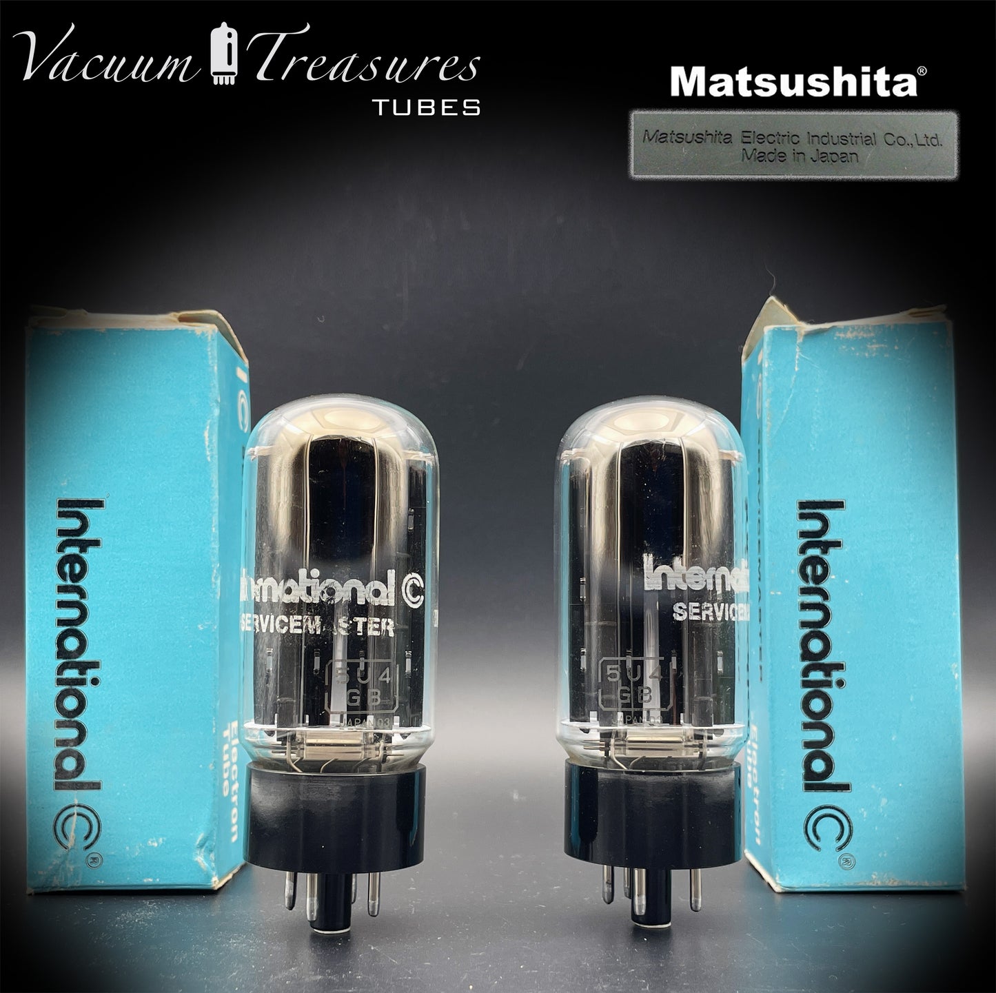 5U4GB 5AS4A NOS NIB MATSUSHITA/International Black Plates Matched Pair Tubes Top Side Halo Getter Rectifiers Made in JAPAN – Same Factory Code