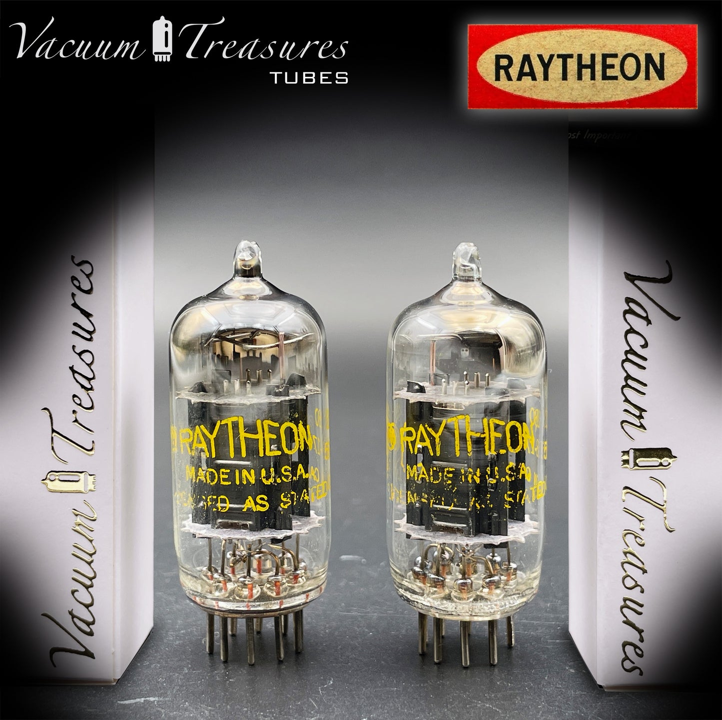 12AU7 ECC82 RAYTHEON Matched Pair Long Black Plates Square Getter Tubes USA '58