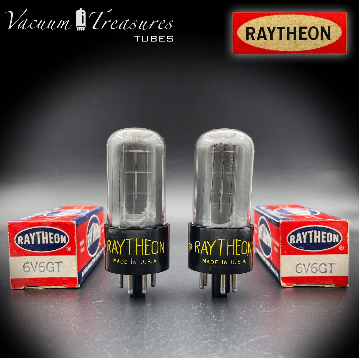 6V6 GT RAYTHEON NOS NIB Black Plates Grafite Glass Square Getter Matched Tubes Made in USA '50s