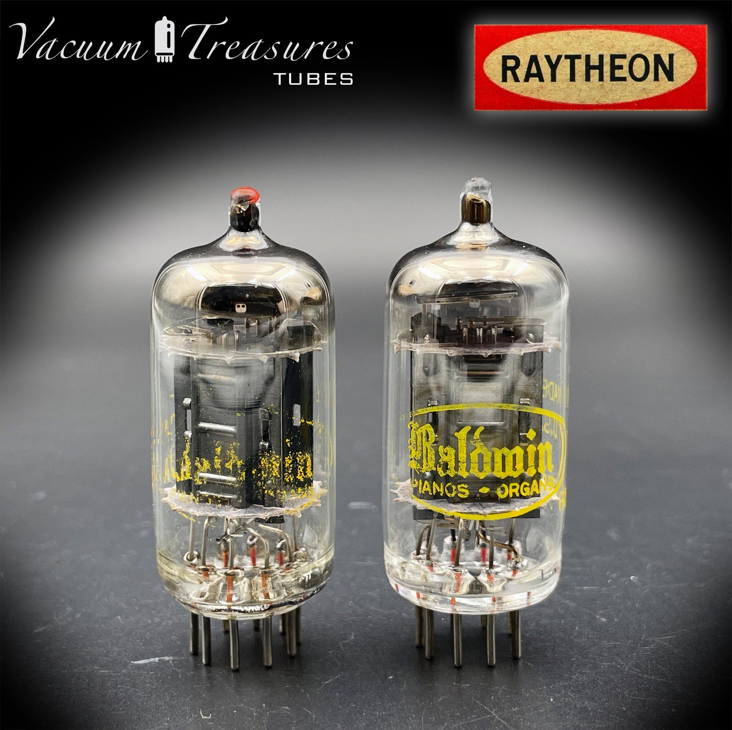12AX7A ECC83 Baldwin Raytheon Matched Pair Tubes – Long Black Plates Halo Getter USA 1960s
