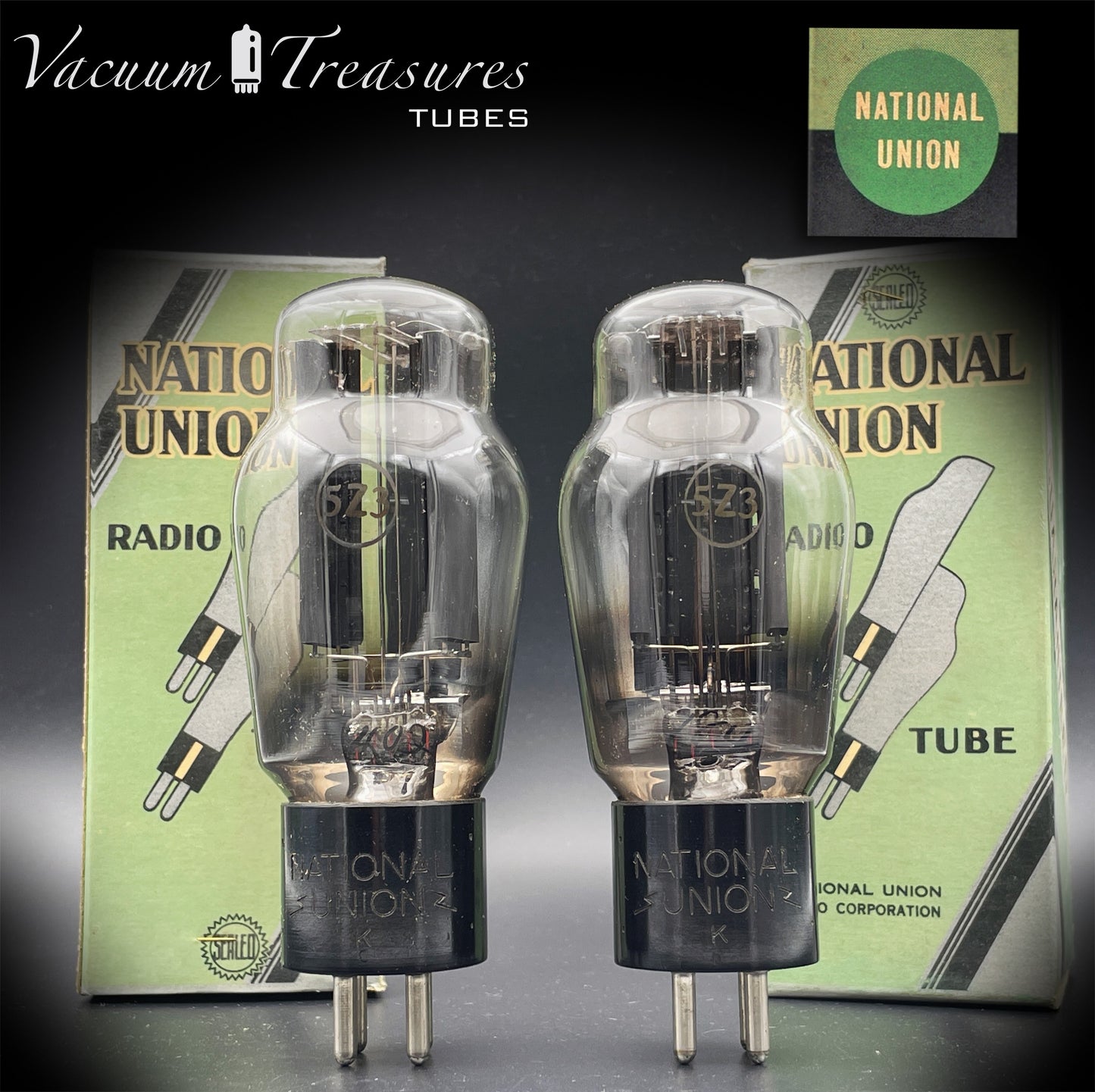 5Z3 VT-145 NATIONAL UNION NOS NIB Matched Pair Hanging Filaments Black Plates Foil Getter USA