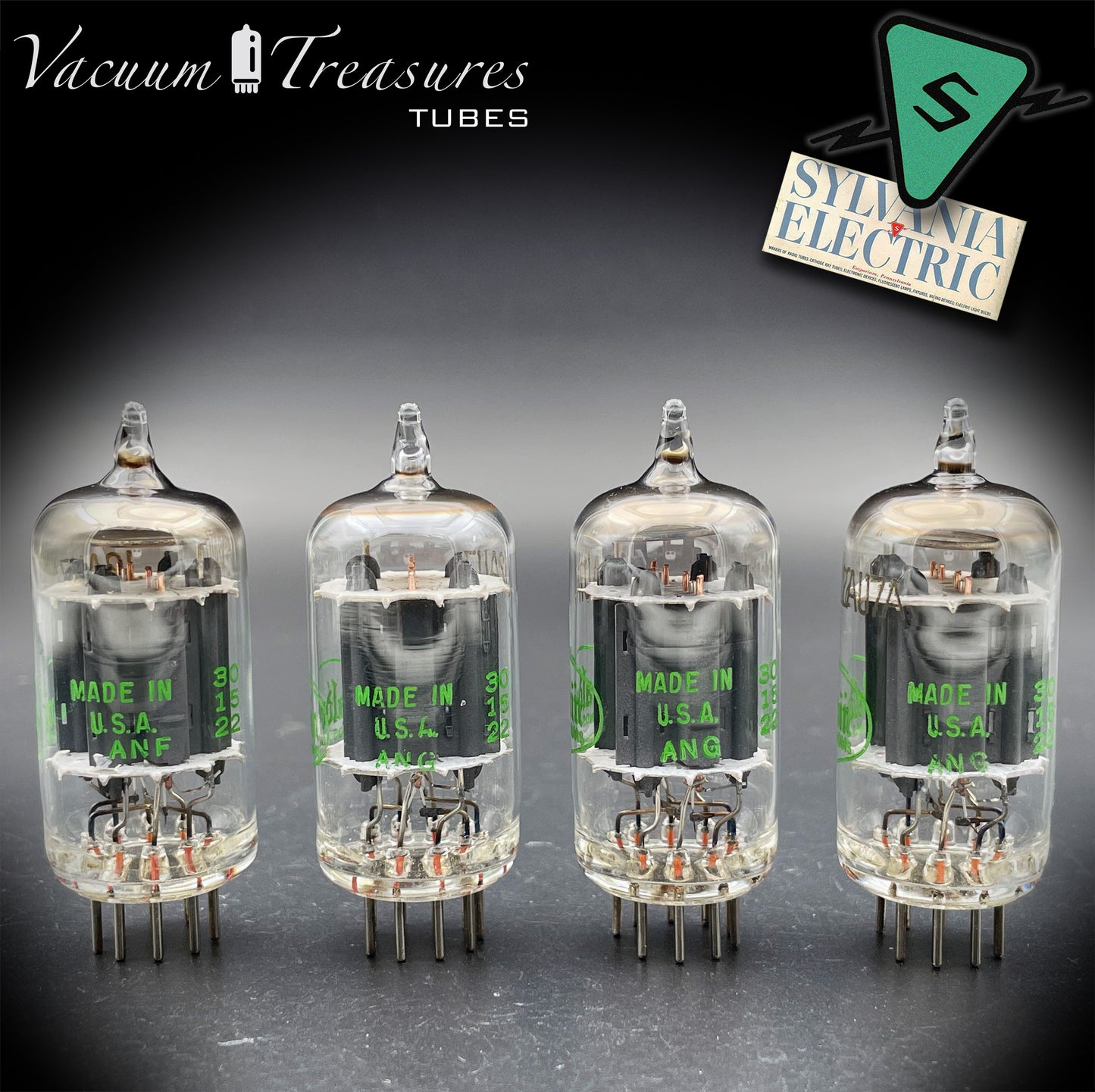 12AU7A / ECC82 NOS Baldwin by SYLVANIA Long Gray Plates Halo Getter Matched Quad Tubes Made in USA '60s