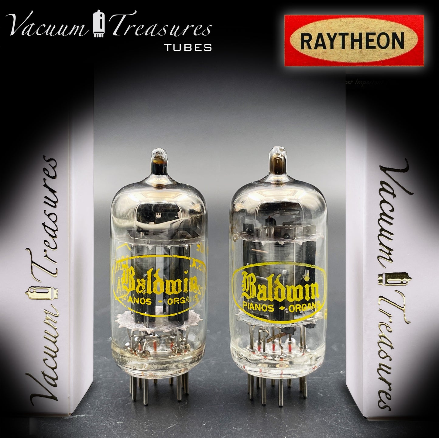 12AX7A ECC83 Baldwin RAYTHEON Matched Pair Tubes – Long Black Plates Halo Getter USA 1960s
