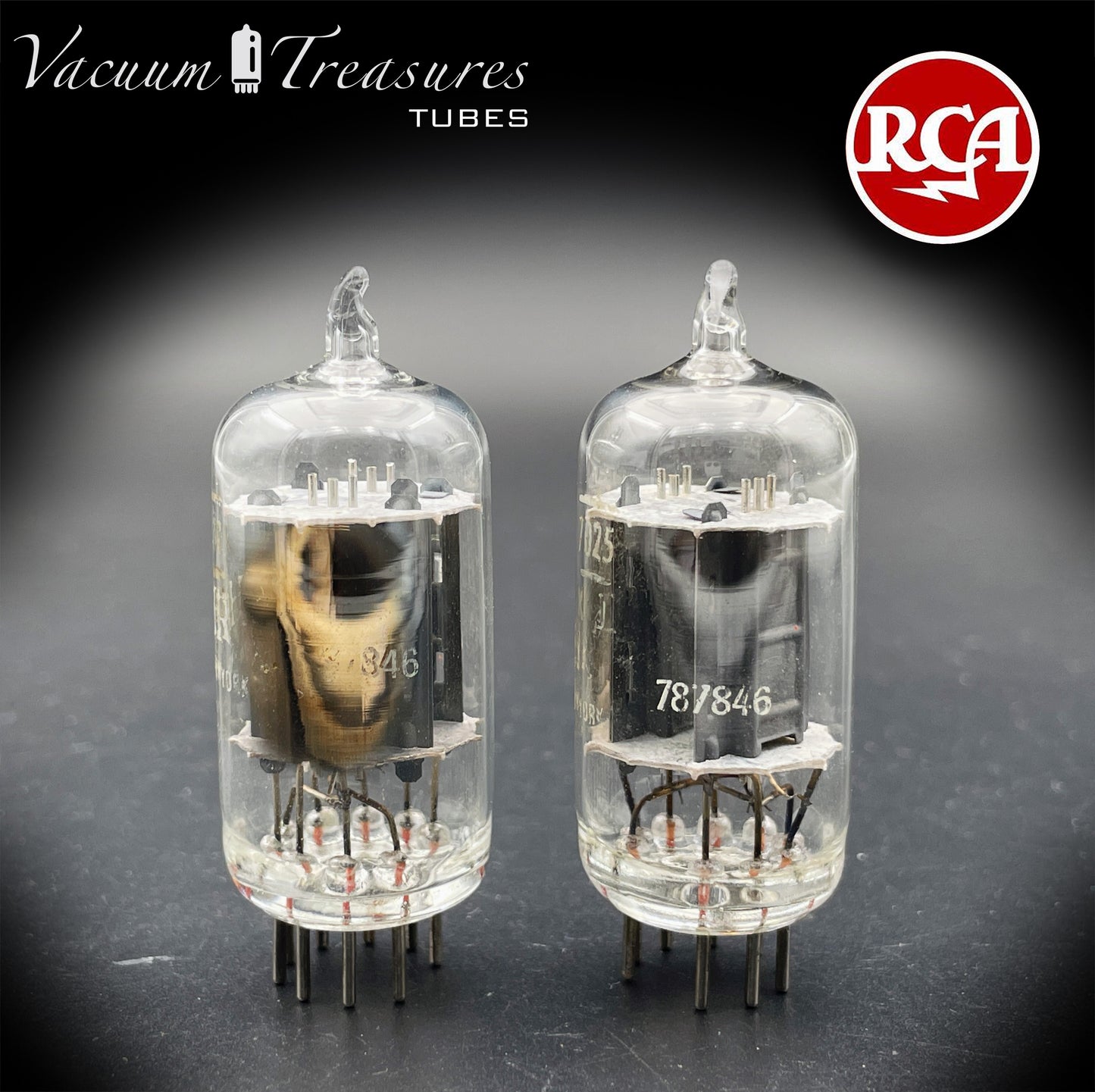7025 12AX7 RCA Clear Top Matched Pair Long Gray Plates Side D Getter Tubes Made in USA '60s