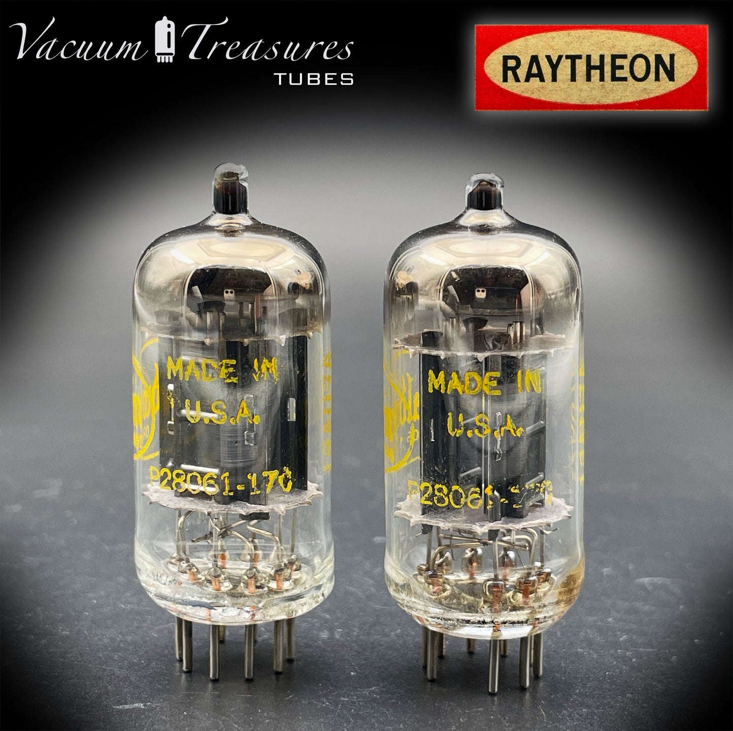 12AU7A / ECC82 NOS Baldwin by RAYTHEON Matched Pair Tubes Long Black Plates Halo Getter Made in USA '61